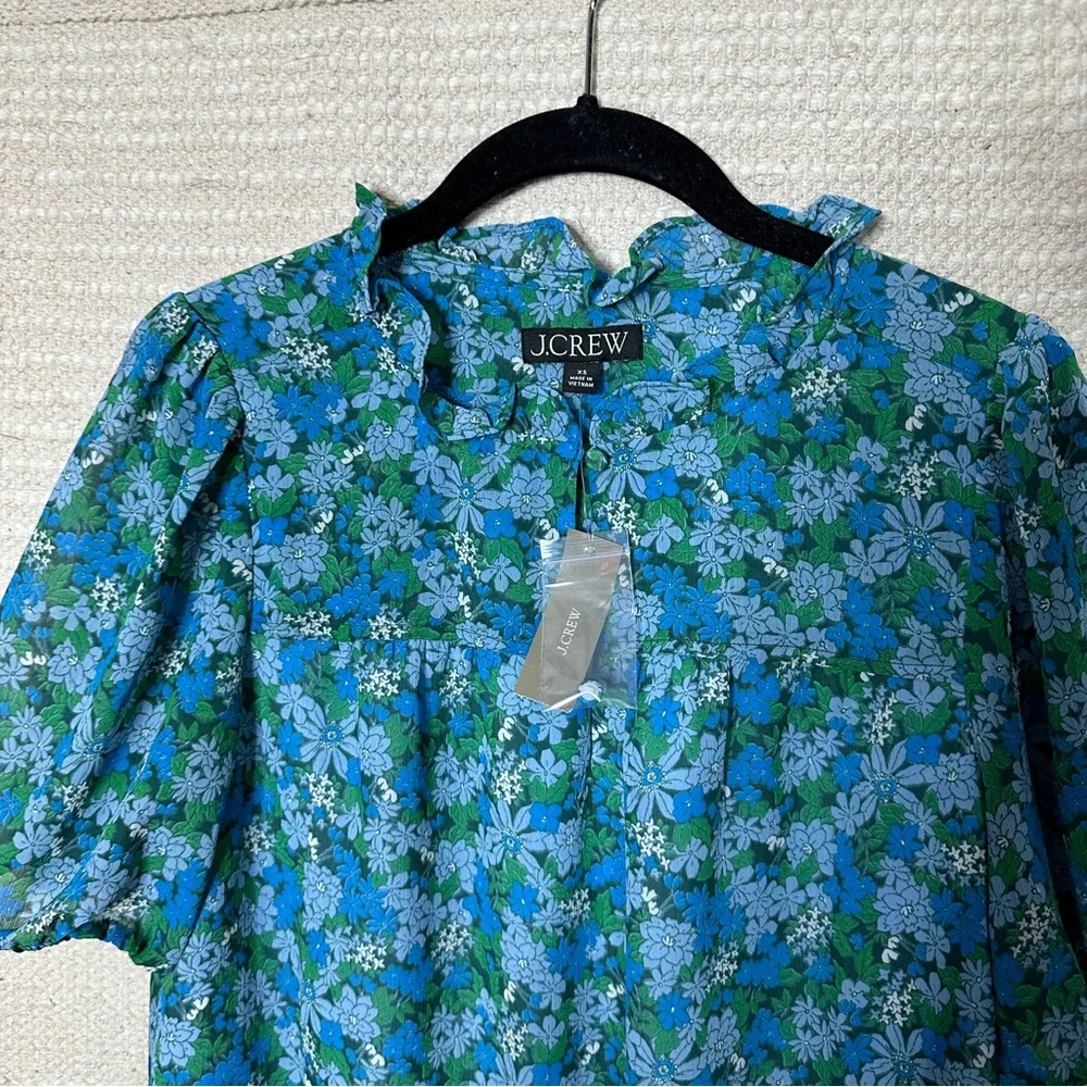 J. CREW blue / green floral Hyacinth Fields ruffle-trim short sleeve top XS NEW